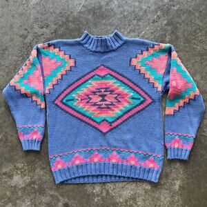 NUOVO Vintage Southwestern Geometric Ramie Cotton Sweater Blue M